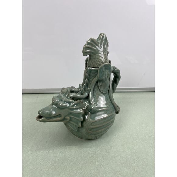 Vintage Korean Celadon Porcelain Dragon Ewer Sake Teapot Marked RARE - Picture 1 of 9